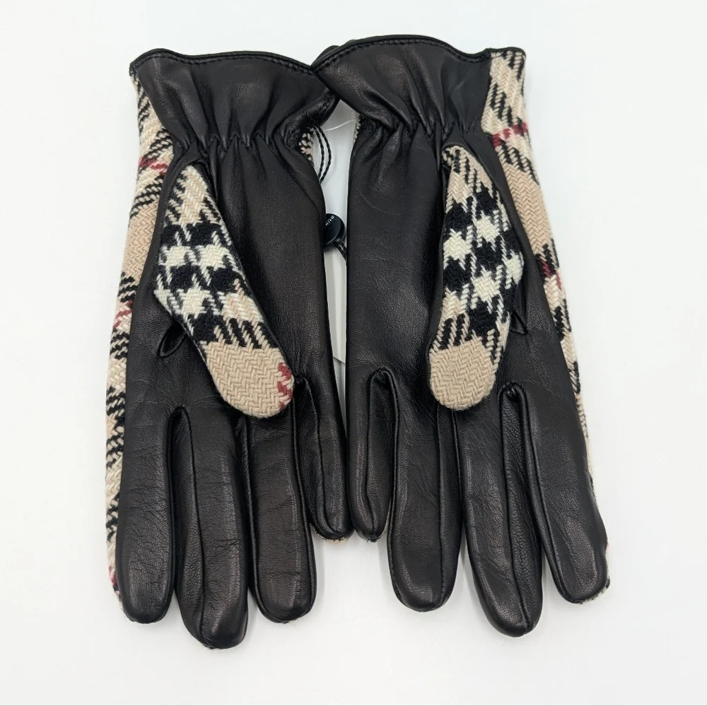 Burberry Lambswool Leather Gloves Black 7.5 Authentic Winter Luxury Women's NWT